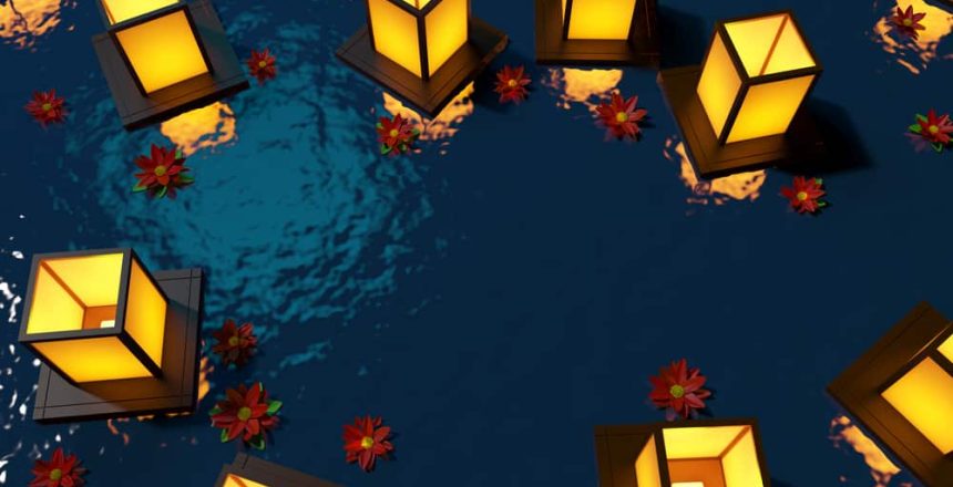 Glowing lanterns and red flowers float on tranquil blue water, evoking NY sea burials in Queens at night.